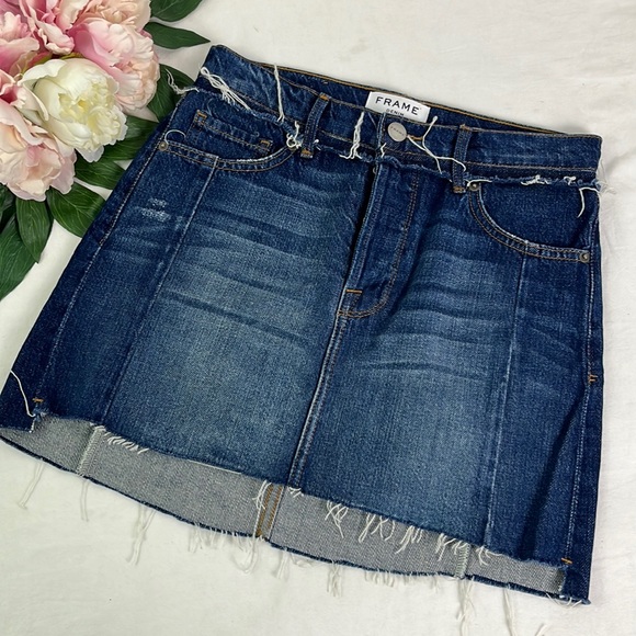 Frame Denim Dresses & Skirts - Frame Denim Jean Mini Skirt Blue Nouveau Le Mix Raw Hem Button Fly Cotton Sz 24